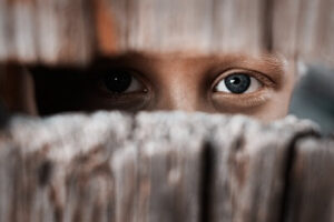 Person peeking through fence